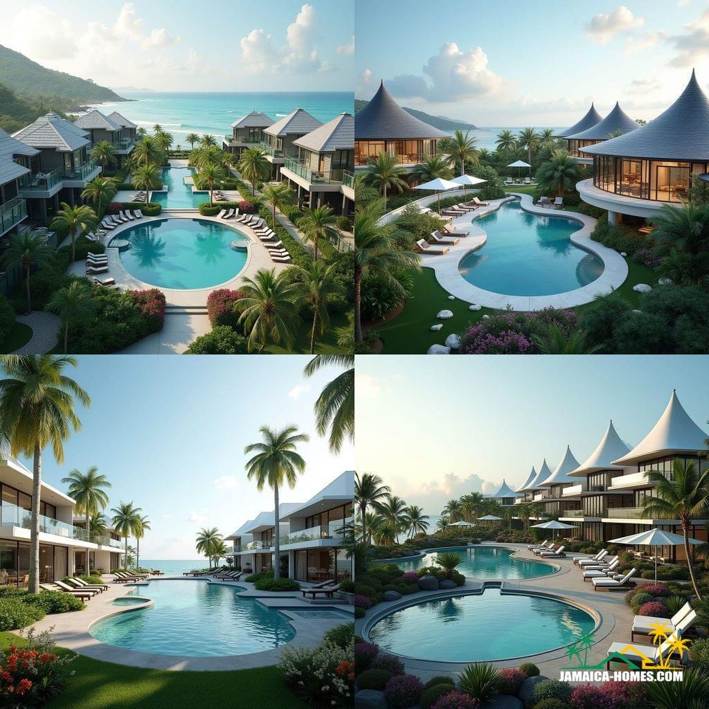 A modern and luxurious mixed-use development combining tourism and real estate in a tropical Jamaican setting. The scene features a series of beachfront resorts with attached luxury villas, all designed with sleek, contemporary architecture. The villas have glass facades, offering stunning views of the Caribbean Sea. In the foreground, a large, circular swimming pool adds an inviting, resort-like atmosphere. The design includes lush tropical landscaping with palm trees, vibrant flowers, and manicured lawns. The roofs of the buildings are pointed, providing a distinctive, elegant silhouette. Steel frame construction is evident, blending modern industrial style with the natural beauty of the Jamaican coastline. The overall scene conveys a harmonious blend of residential living and tourism, offering high-end amenities and a picturesque setting.