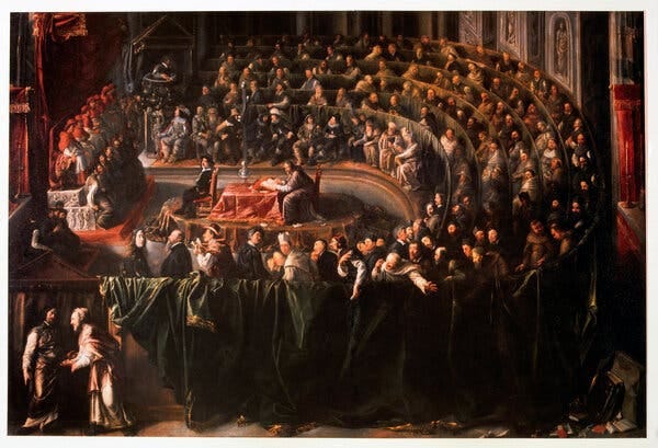 A painting of Galileo seated in the center of a meeting hall, surrounded by inquisitors and dignitaries on all sides. A painting of Galileo seated in the center of a meeting hall, surrounded by inquisitors and dignitaries on all sides.