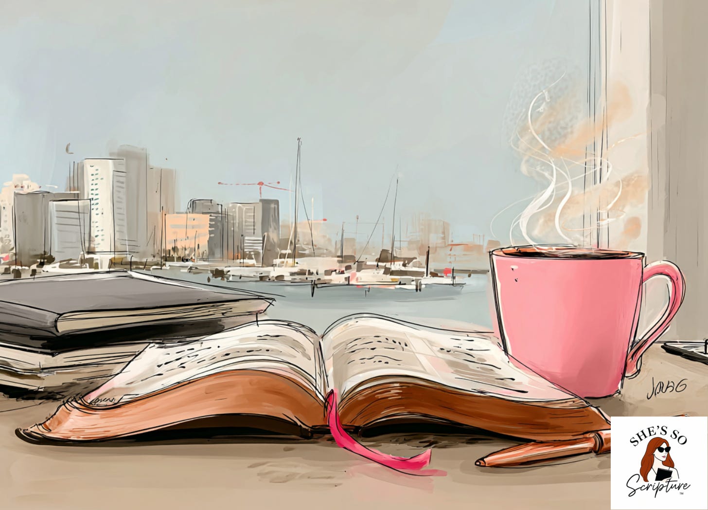 A desk devotional scene with an open Bible, coffee, and notebook in natural light, reflecting grace and quiet strength.