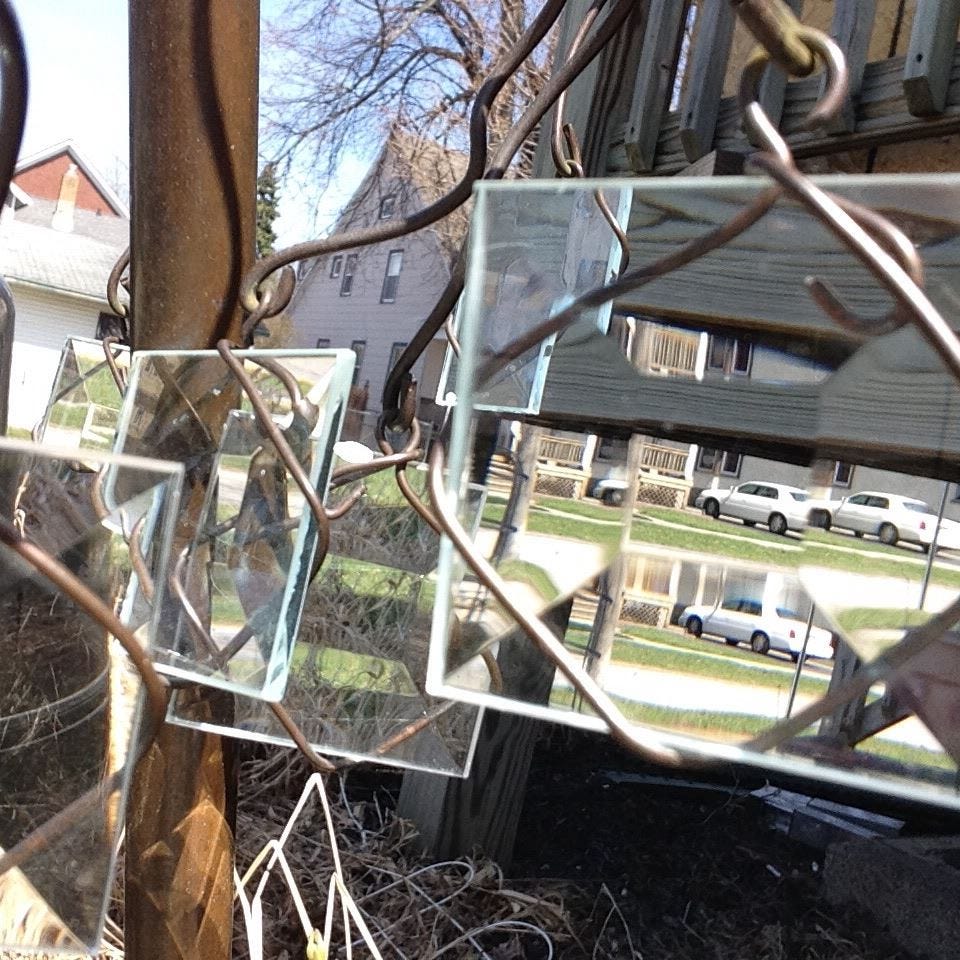 color photo of someone's front yard where they've incorporated multiple mirrors into the fence, making a surreal multi-reflection effect
