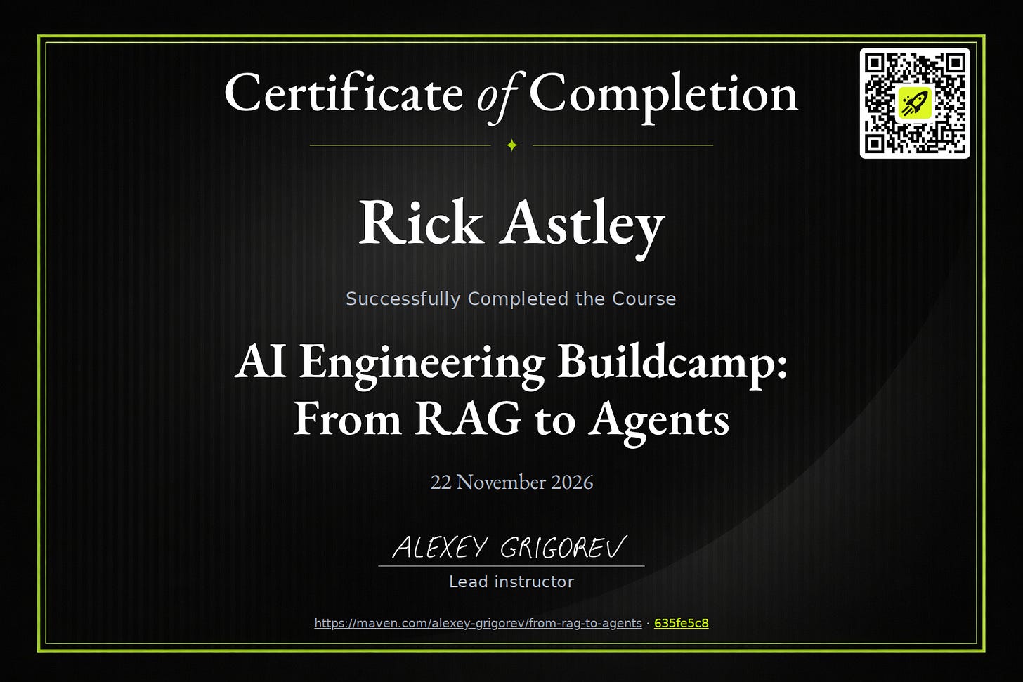 Sample AI Engineering Buildcamp certificate of completion