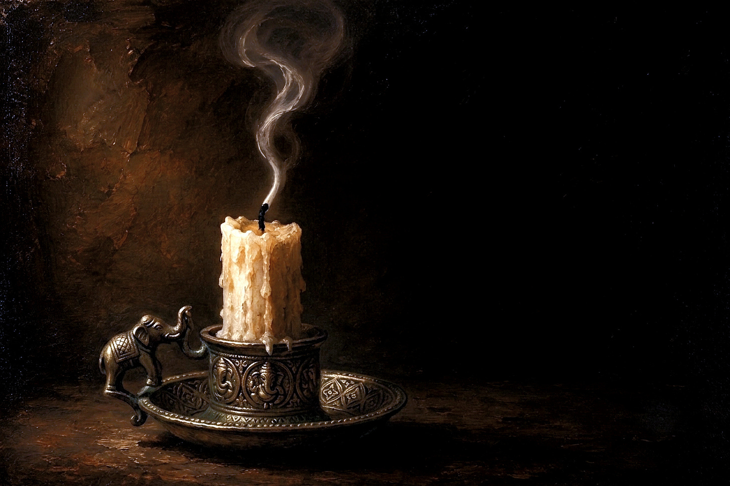 Oil painting of a beeswax candle, just extinguished, in an ornate brass candleholder with a small elephant figure at its base. A thin curl of smoke rises from the blackened wick into darkness. Oil painting of a beeswax candle, just extinguished, in an ornate brass candleholder with a small elephant figure at its base. A thin curl of smoke rises from the blackened wick into darkness.