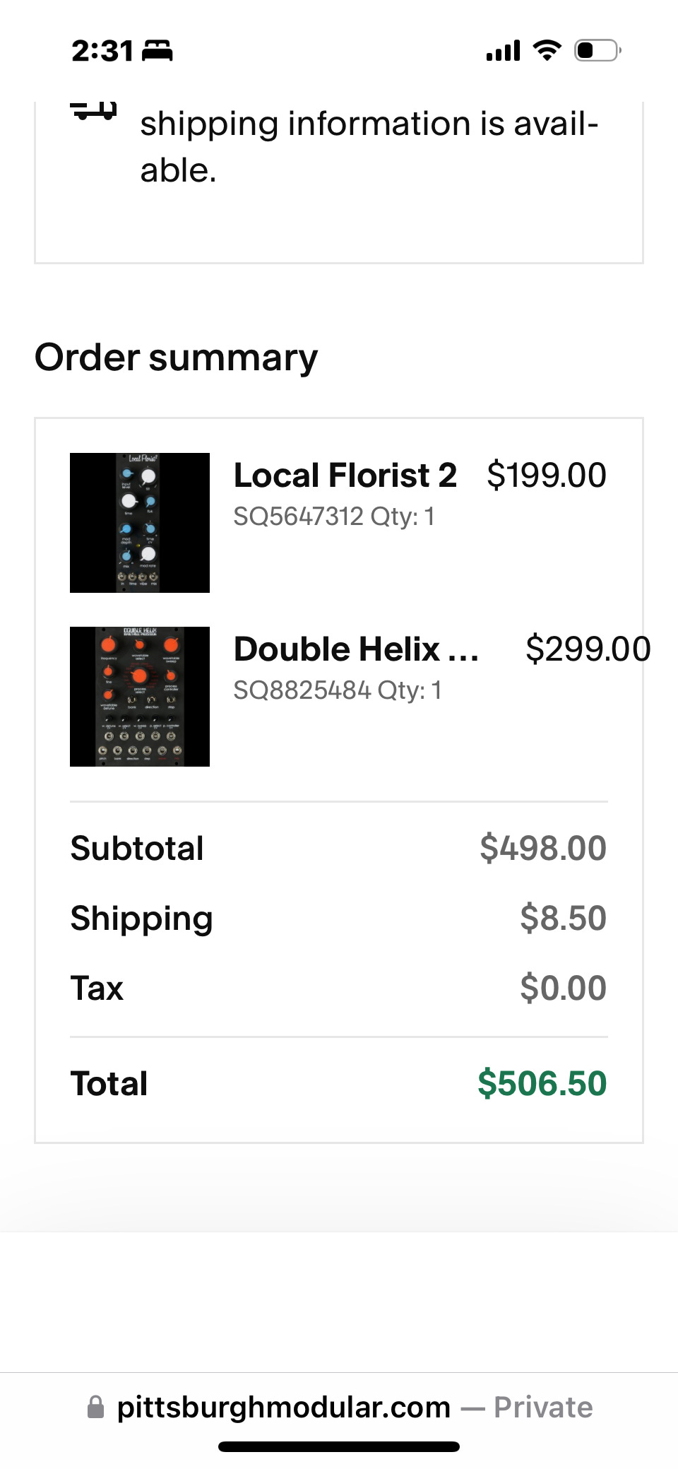 receipt of two analog synthesizer modules.