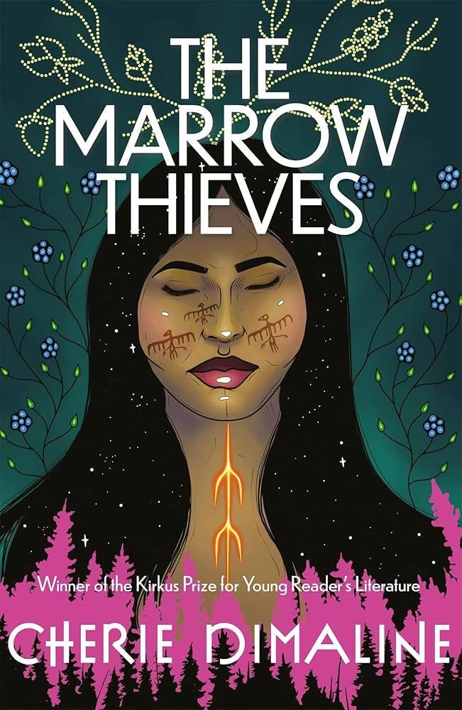 Cover of “The Marrow Thieves” by Cherie Dimaline. Portrait of a serene woman with face markings, glowing throat, floral forest background.