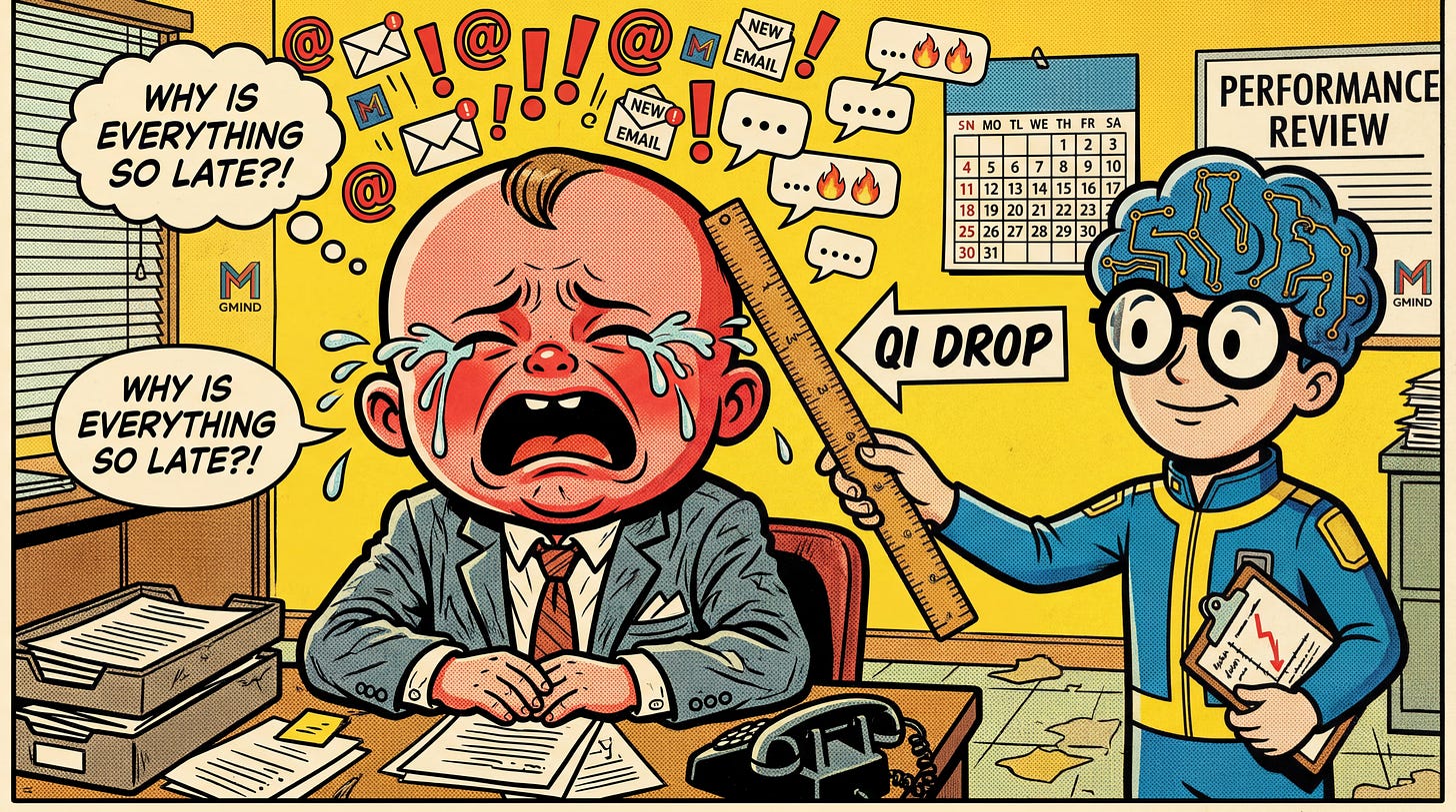 BD satirique d'un manager avec une tête de bébé géante, entouré d'icônes de notifications, mesuré par le GMIND-BOY. BD satirique d'un manager avec une tête de bébé géante, entouré d'icônes de notifications, mesuré par le GMIND-BOY.