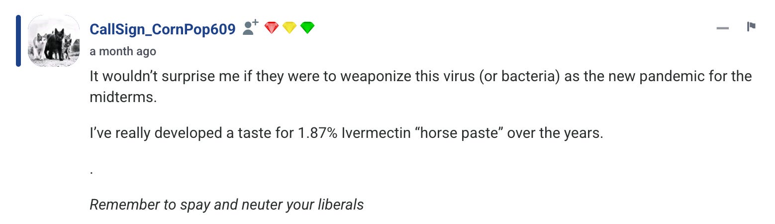 A screenshot shows a comment matching our search query left on a Gateway Pundit article on May 5, 2026. The comment reads: “It wouldn’t surprise me if they were to weaponize this virus (or bacteria) as the new pandemic for the midterms. I’ve really developed a taste for 1.87% Ivermectin “horse paste” over the years. Remember to spay and neuter your liberals.” Along with many other blogs and websites, Gateway Pundit uses Disqus to coordinate its user comments; as such, these and many other comments from major blogs and websites are viewable through Open Measures’ platform.