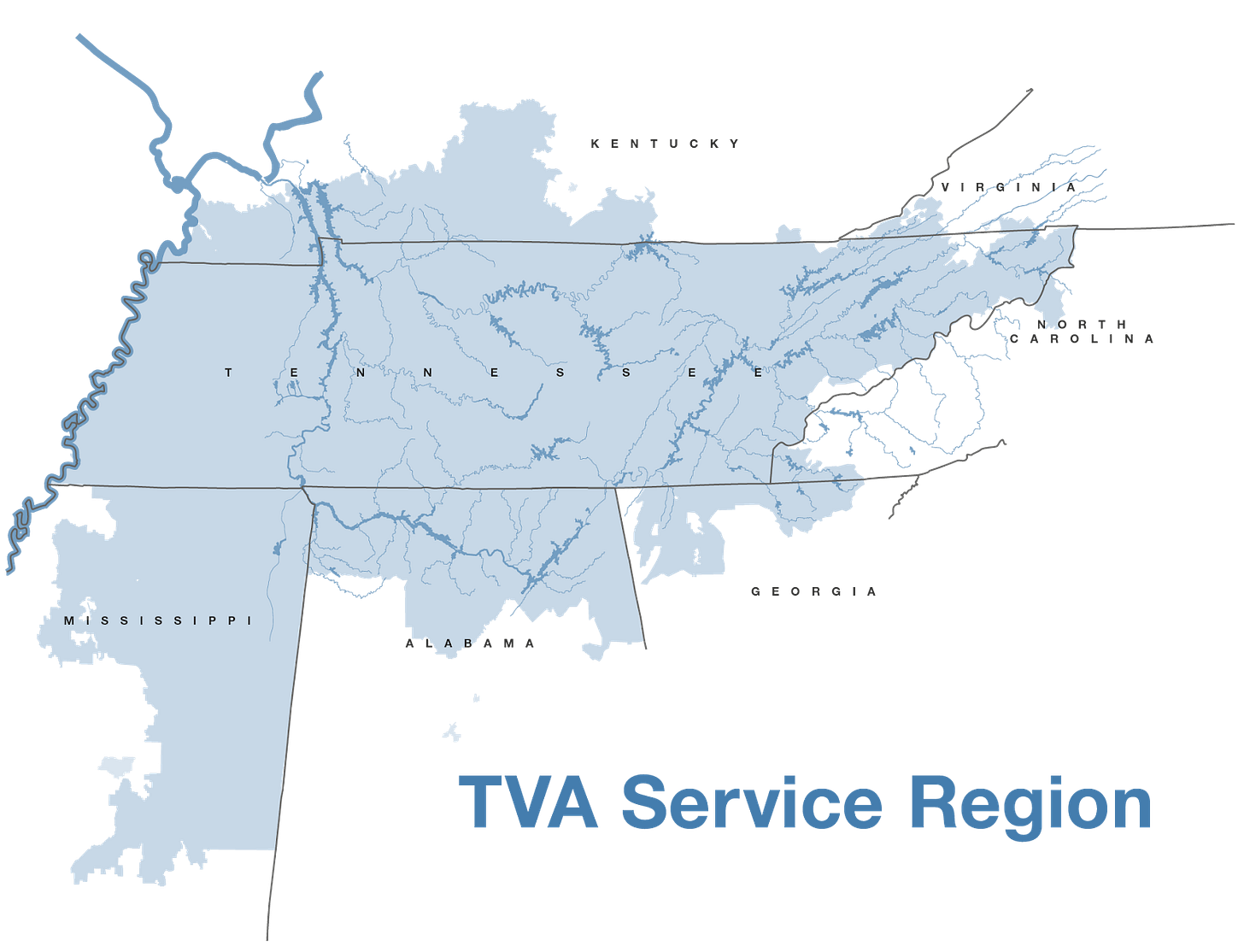 Map showing the Tennessee Valley Authority's service region across parts of Tennessee, Kentucky, Virginia, North Carolina, Georgia, Alabama and Mississippi, highlighting the Tennessee River watershed. Map showing the Tennessee Valley Authority's service region across parts of Tennessee, Kentucky, Virginia, North Carolina, Georgia, Alabama and Mississippi, highlighting the Tennessee River watershed.