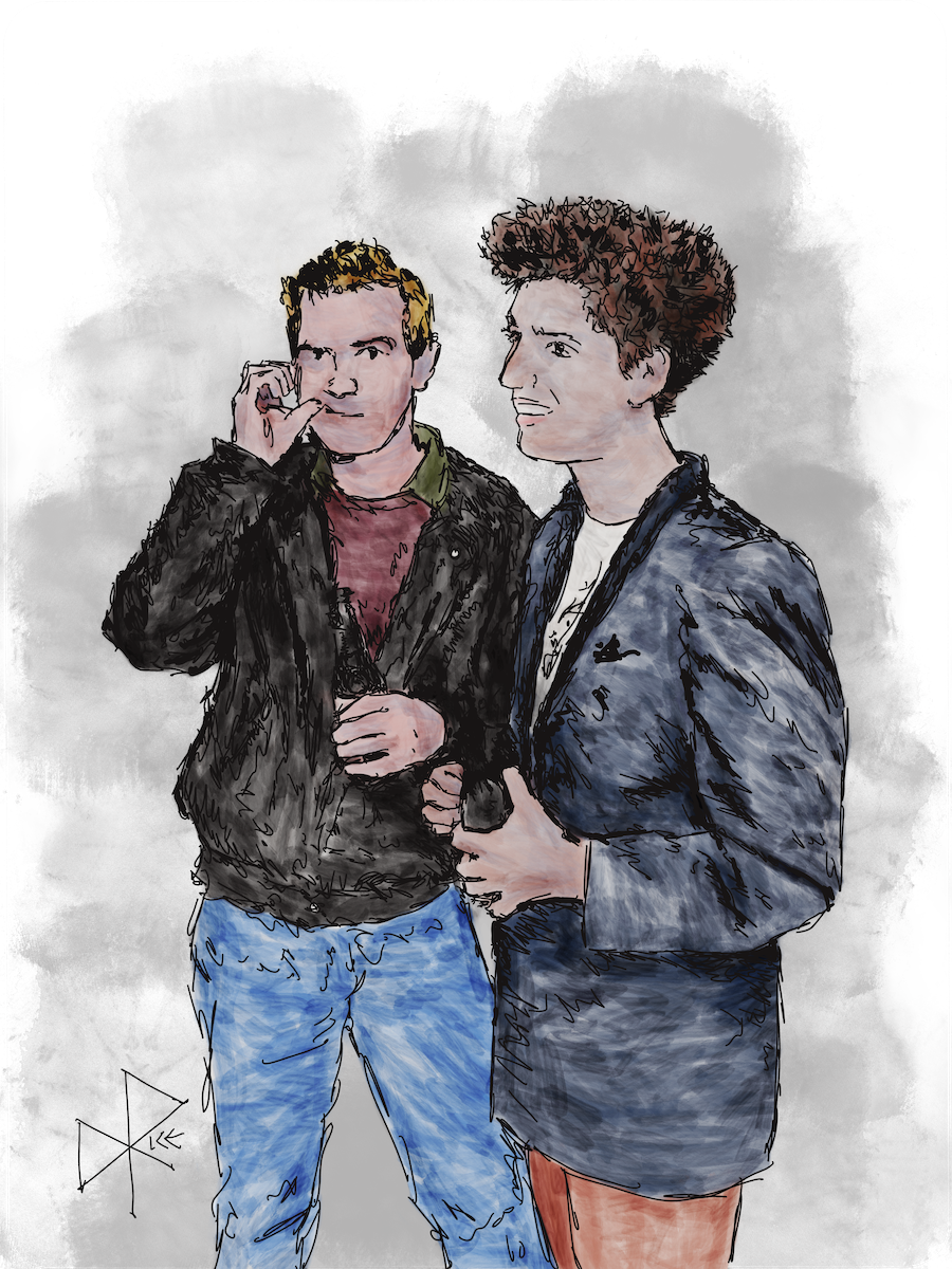 A smiling woman stands and holds a beer while behind her a man in a leather jacket, also armed with a beer, picks at his teeth with his thumb. Sketch art by Don Rice.