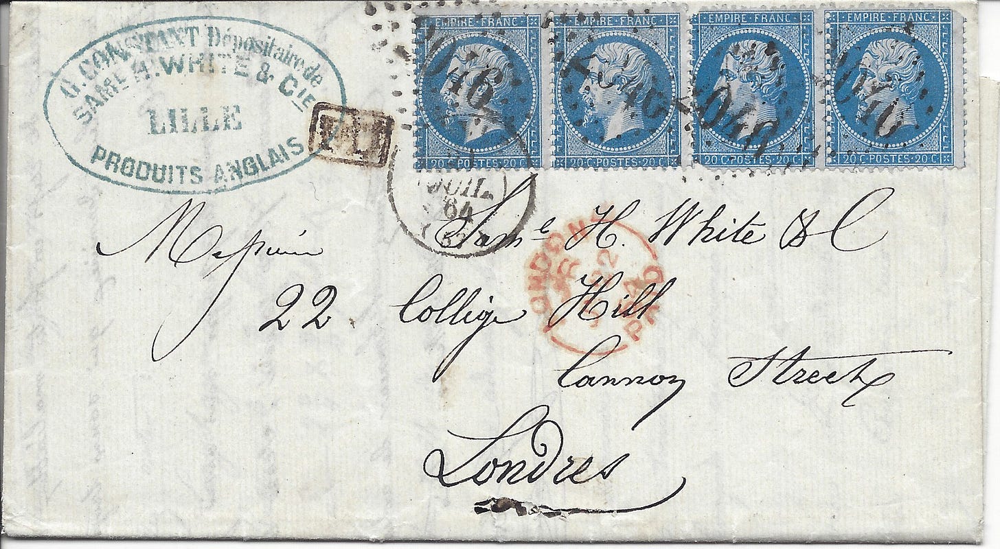 1864 folded letter from France to England