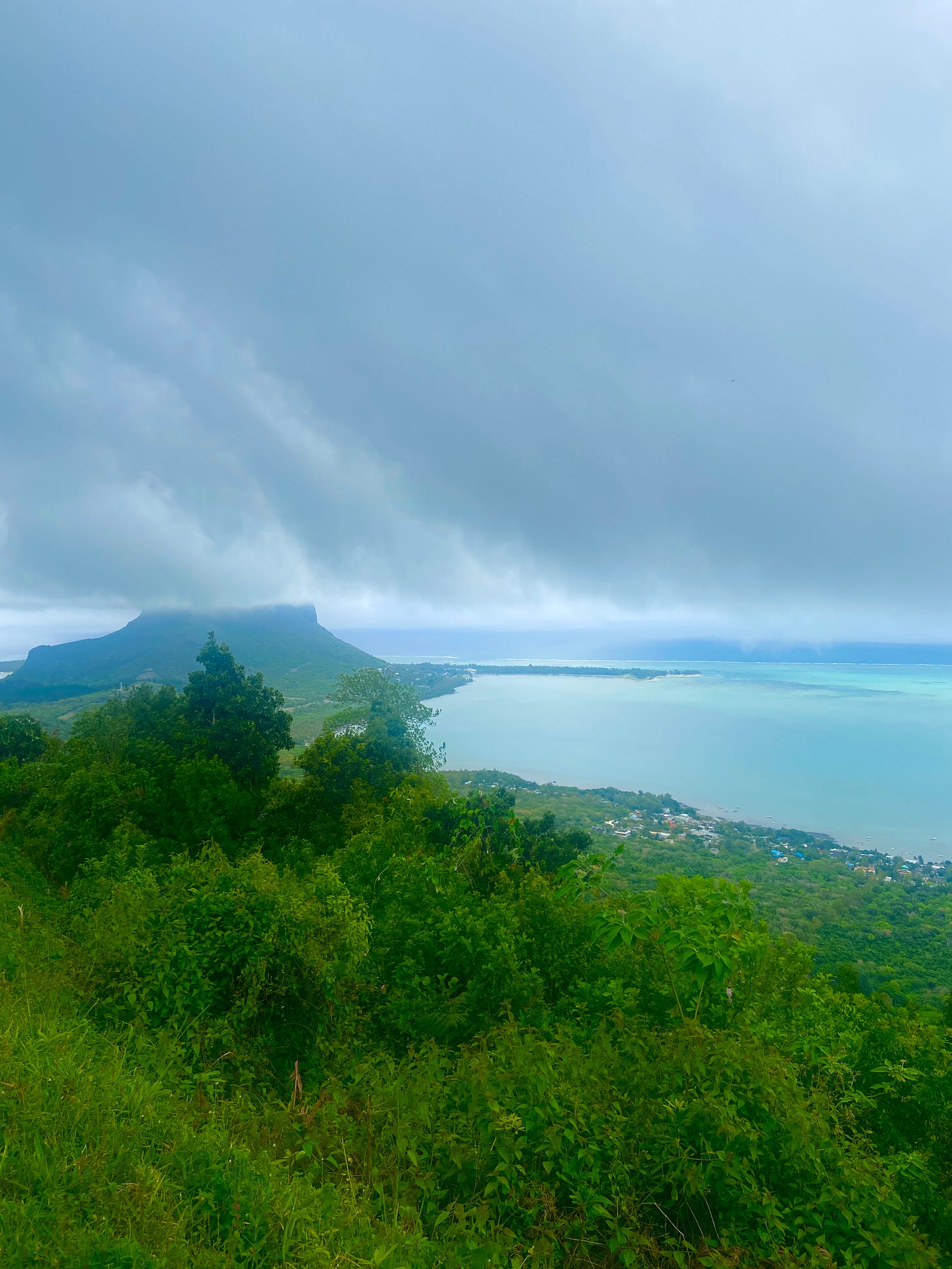 Green mountain peak on an island.