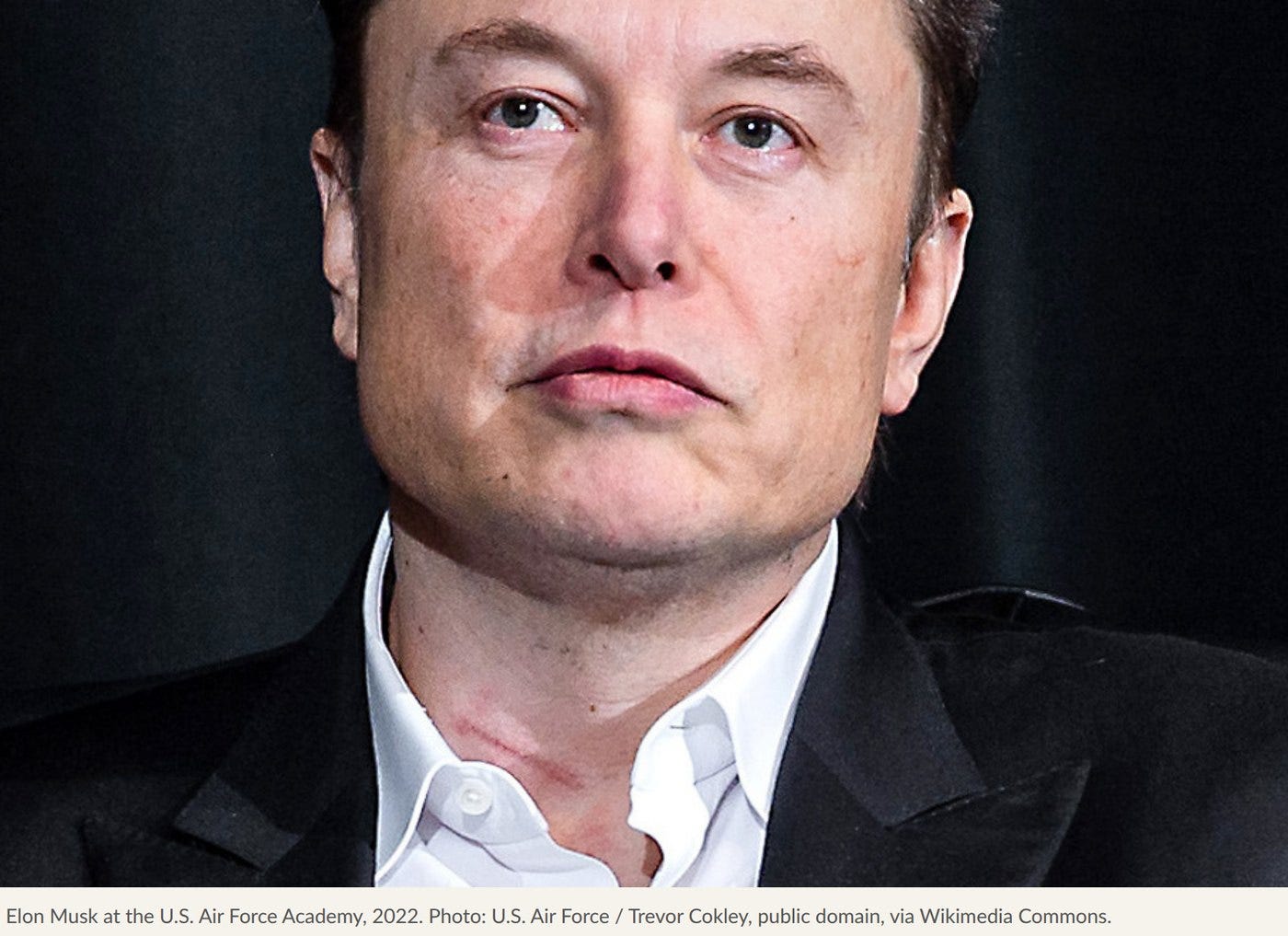 Elon Musk at the U.S. Air Force Academy, 2022. Photo: U.S. Air Force / Trevor Cokley, public domain, via Wikimedia Commons. Elon Musk at the U.S. Air Force Academy, 2022. Photo: U.S. Air Force / Trevor Cokley, public domain, via Wikimedia Commons.