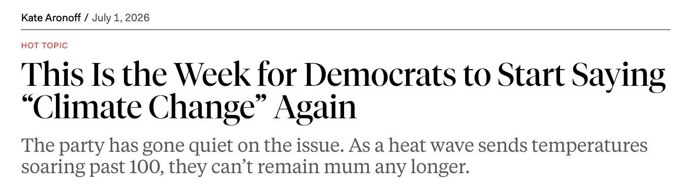 screenshot of Kate Aronoff article "This is the week for Democrats to start saying 'climate change' again"