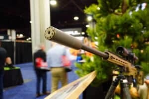 A rifle equipped with a silencer on display at the 2025 NRA Annual Meeting A rifle equipped with a silencer on display at the 2025 NRA Annual Meeting