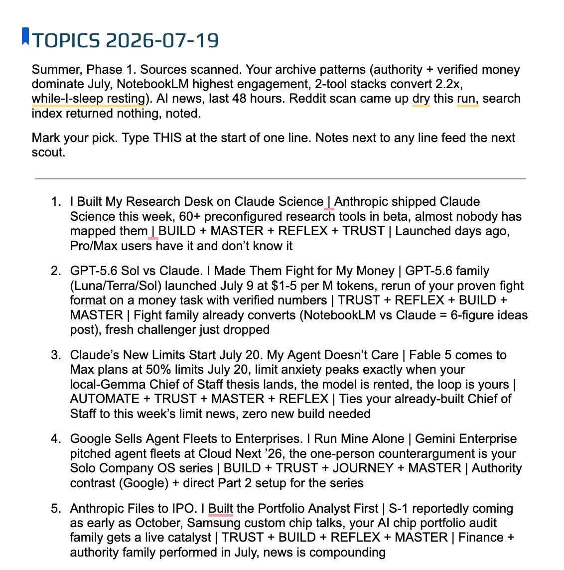 TOPICS Google Doc with five article candidates generated by a Claude Cowork routine TOPICS Google Doc with five article candidates generated by a Claude Cowork routine