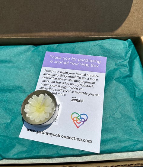 journal and supplies in cardboard box