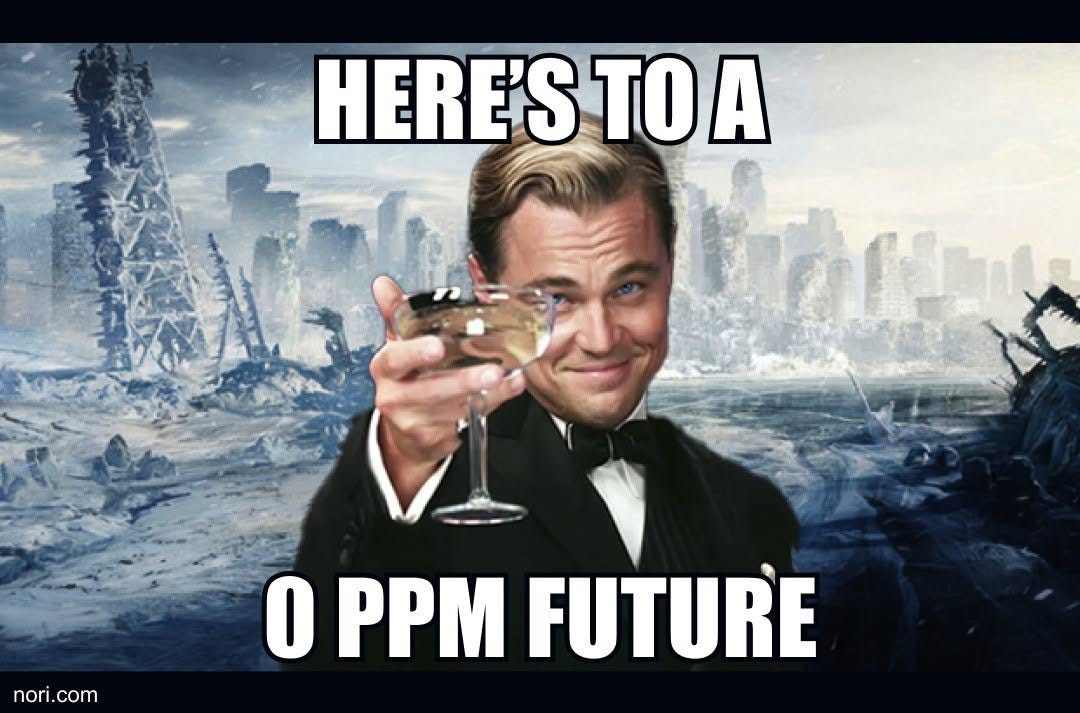 Leonardo DiCaprio as Gatsby raising a champagne glass in front of a frozen, ruined city. Top: "Here's to a". Bottom: "0 PPM future".
