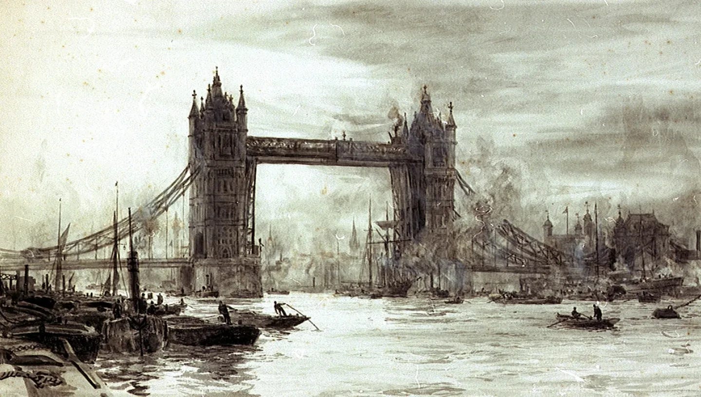 Hand drawn image of 1850s London Tower Bridge over the Thames River, with a thick layer of smog