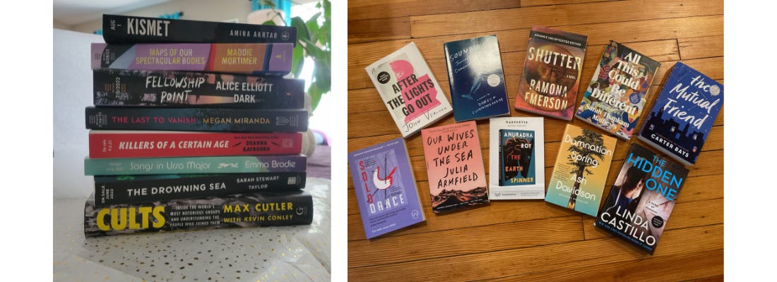 Two images of piles of books from the giveaway winners, including the books Our Wives Under the Sea and Fellowship Point. 