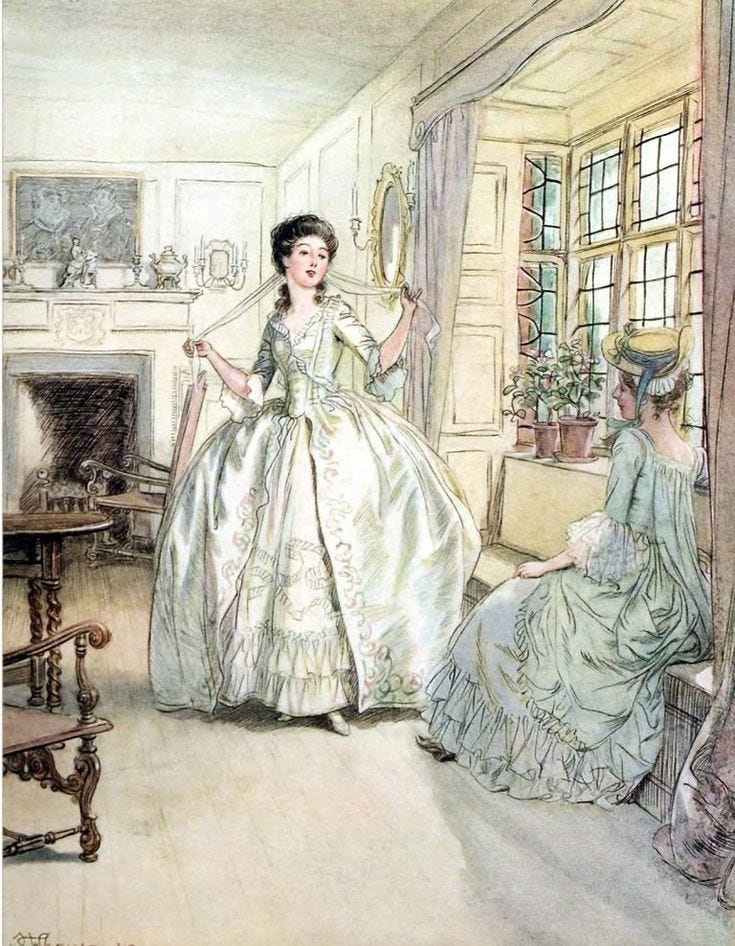 This may contain: a drawing of a woman in a dress standing next to another woman sitting at a table