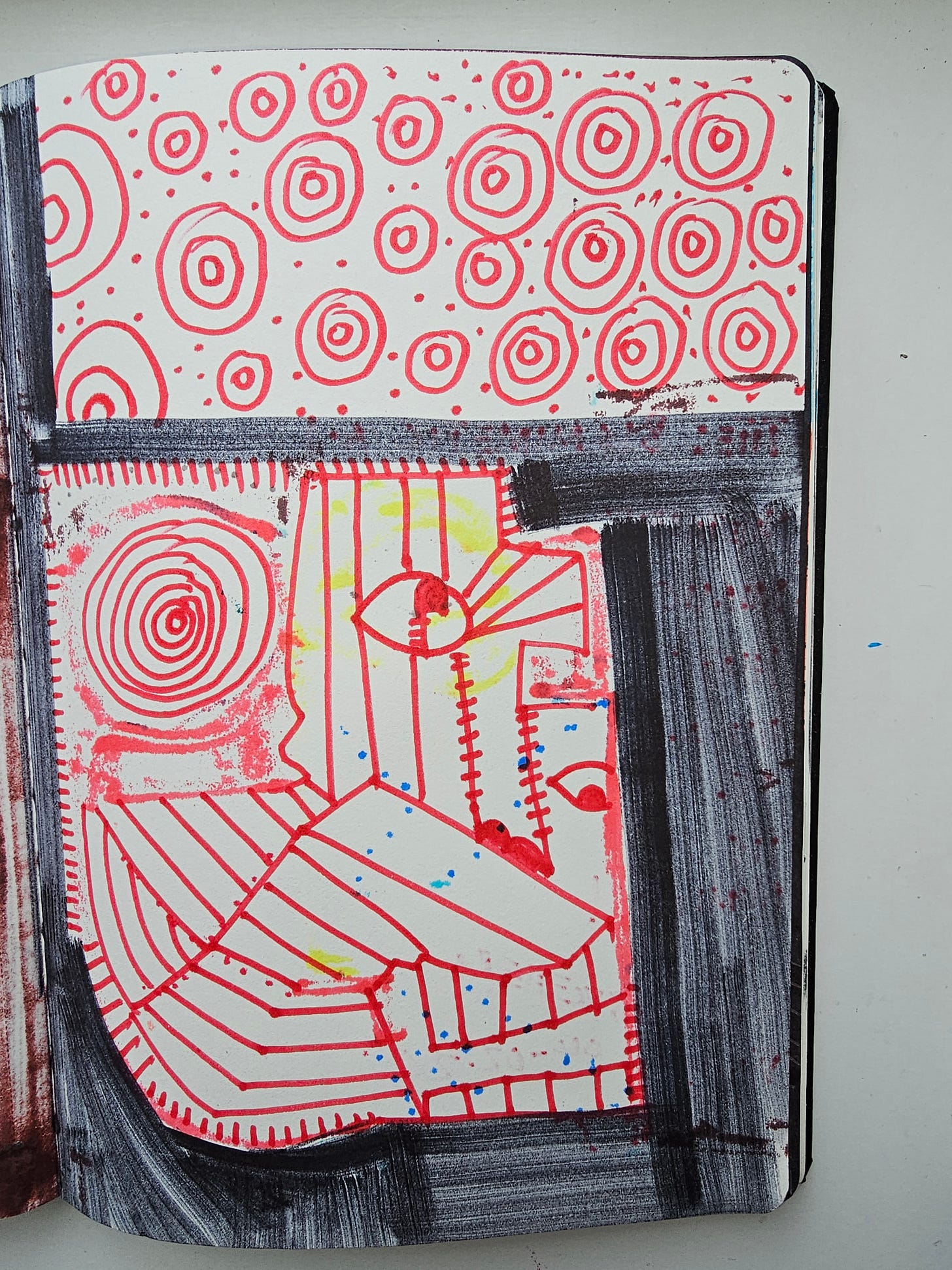 Red-ink diagrammatic drawing with concentric circles and abstract facial forms critiquing biomimetic artificial intelligence, human-made artwork by FatbikeHero. Red-ink diagrammatic drawing with concentric circles and abstract facial forms critiquing biomimetic artificial intelligence, human-made artwork by FatbikeHero.