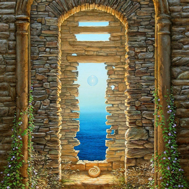LEFT: Detail from TIME AND TIDE featuring the nested archway and window leading to a view of cool blue sea. A transparent sphere containing a solitary flame floats out to pale blue sky.  RIGHT: Close detail from TIME AND TIDE featuring the spiral of an ammonite fossil resting against stone at the base of an opening providing a view out to sea. The wall of the ancient ruins is wheat colored, a warm contrast against the cool ripples of the cobalt sea beyond.