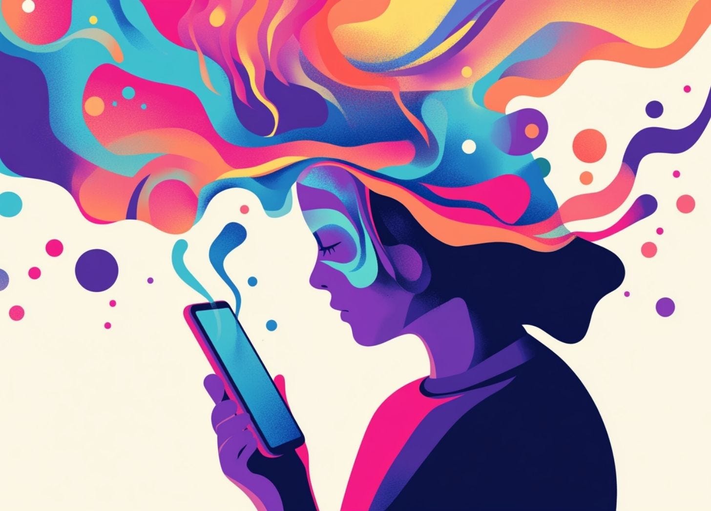 Colourful illustrated figure absorbed in a smartphone, with vivid swirling shapes flowing from the screen into their mind, illustrating the psychology of brain rot and digital overconsumption.