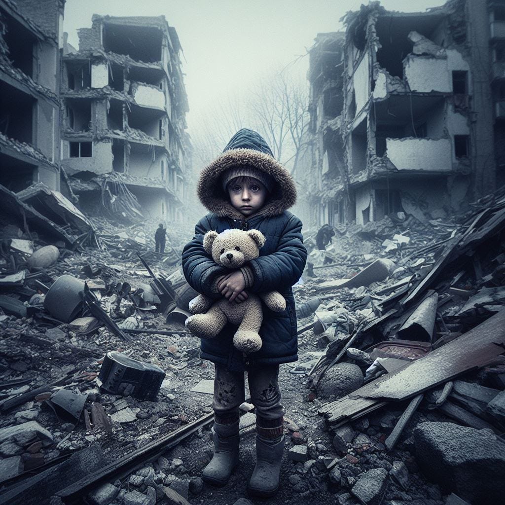 A lone child standing amidst the rubble of a destroyed neighborhood, clutching a torn teddy bear, their eyes reflecting a mixture of fear, resilience, and silent plea for a world devoid of conflict. Surrounding them are remnants of once vibrant lives—a shattered playground, remnants of homes, and the eerie silence of a childhood interrupted. This powerful image symbolizes the profound devastation wrought upon Ukraine\'s children, their innocence torn apart by geopolitical strife, yearning for safety, stability, and a semblance of normalcy amidst the chaos of war.