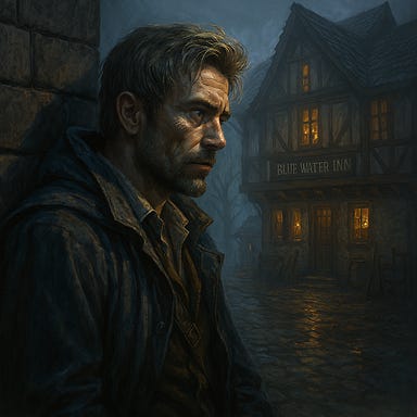 Greegan, visually inspired by Matt Ryan, stands in a shadowed alley observing the Blue Water Inn in Vallaki. He wears rogue's leathers, a hood partially drawn, and his expression is sharp and calculating. The inn glows warmly in the distance, lanterns flickering in the windows, while mist curls around the cobblestones. Greegan's posture is tense but composed, one hand resting near a dagger at his belt. The atmosphere is cinematic and moody—an observer waiting for the right moment to act. Greegan, visually inspired by Matt Ryan, stands in a shadowed alley observing the Blue Water Inn in Vallaki. He wears rogue's leathers, a hood partially drawn, and his expression is sharp and calculating. The inn glows warmly in the distance, lanterns flickering in the windows, while mist curls around the cobblestones. Greegan's posture is tense but composed, one hand resting near a dagger at his belt. The atmosphere is cinematic and moody—an observer waiting for the right moment to act.