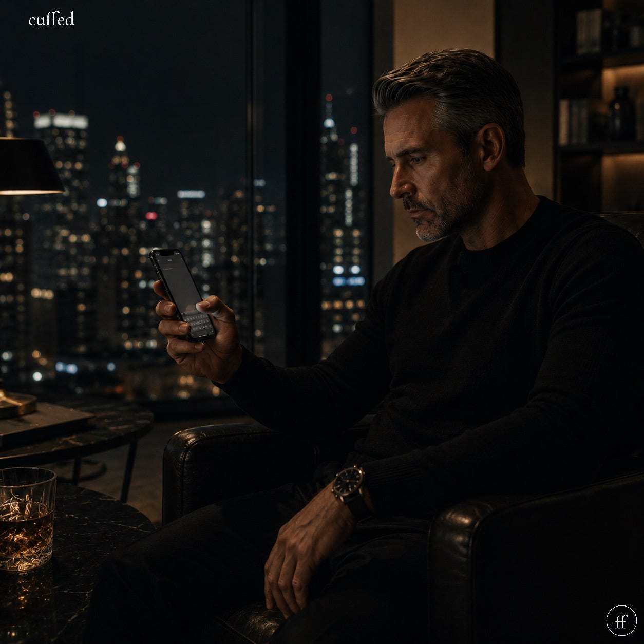 a man sits alone in a dark leather chair holding a phone with an open message draft. city lights fill the window behind him. he doesn't send it. lowercase serif "cuffed" top-left, beige ff logo bottom-right. leather identity. masculine quote about restraint, self-control, and emotional discipline. a man sits alone in a dark leather chair holding a phone with an open message draft. city lights fill the window behind him. he doesn't send it. lowercase serif "cuffed" top-left, beige ff logo bottom-right. leather identity. masculine quote about restraint, self-control, and emotional discipline.