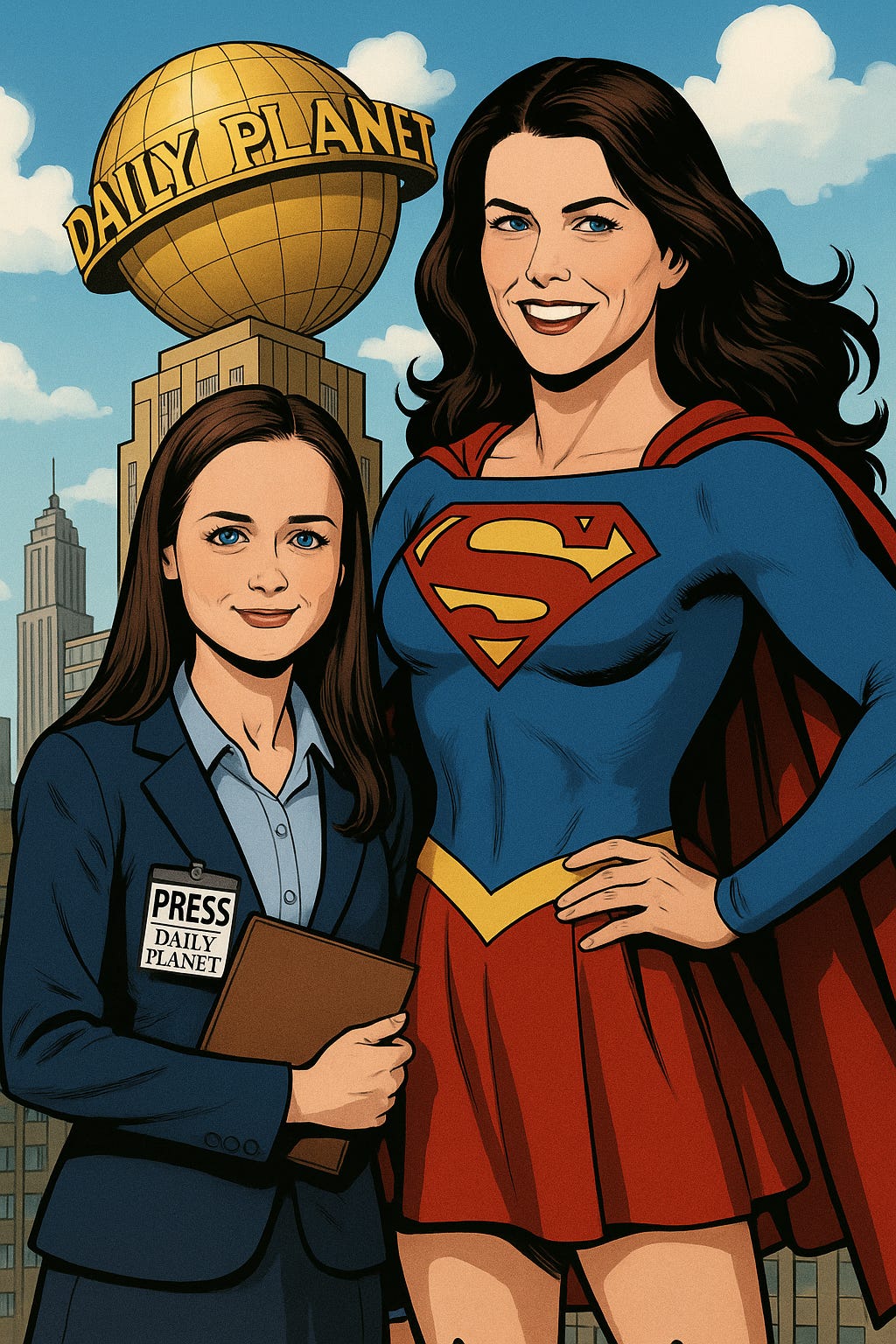 AI-Generated Fan Art Mashup of Lorelai Gilmore and Rory Gilmore as Supergirl and a Daily Planet Reporter in Superman | rmrk*st | Remarkist Magazine