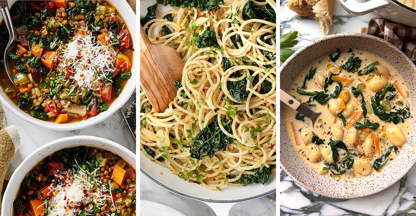 Three side-by-side images of lentil soup, spaghetti aglio e olio with kale, and gnocchi soup Three side-by-side images of lentil soup, spaghetti aglio e olio with kale, and gnocchi soup