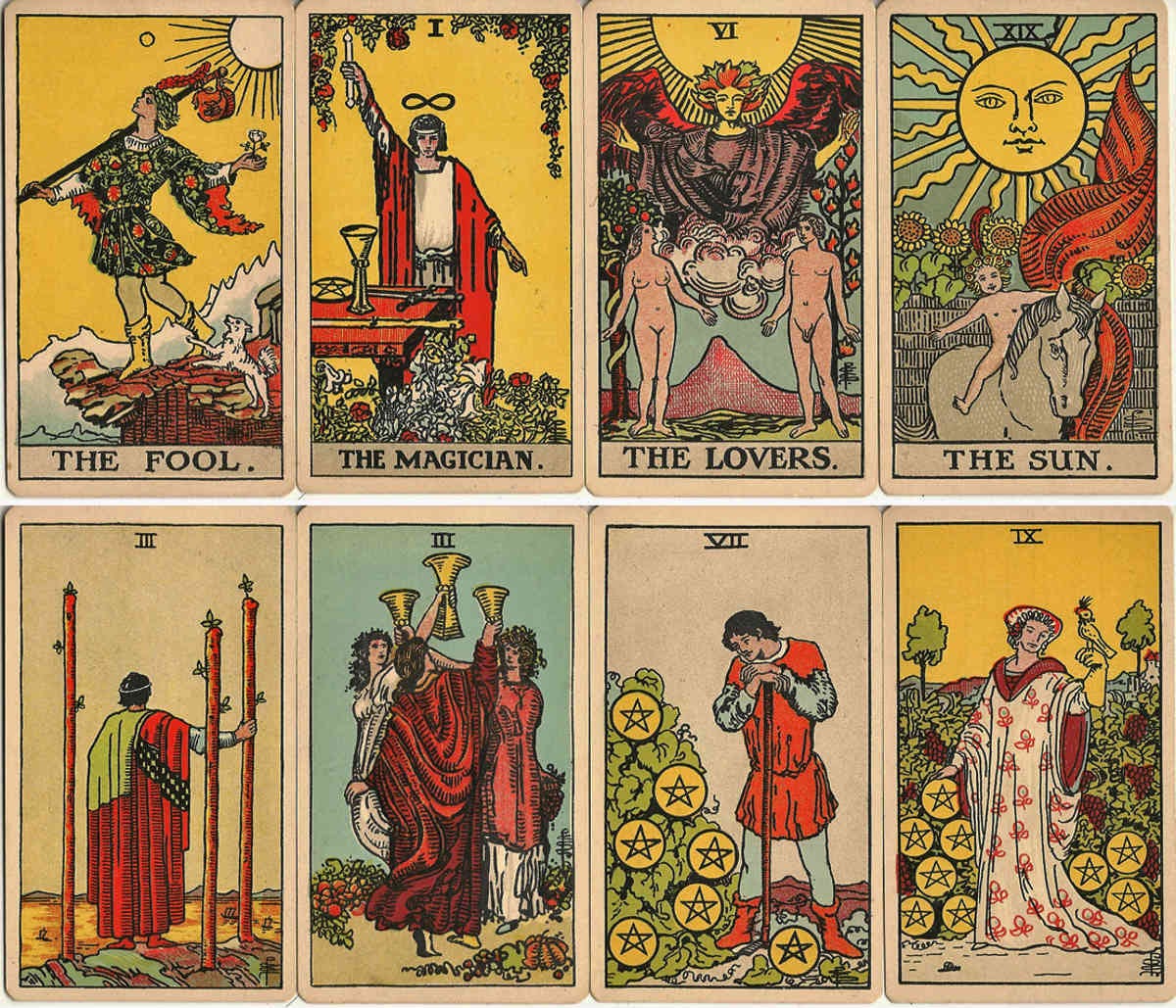 Rider Waite Tarot early editions — The World of Playing CardsA spread of Rider-Waite tarot cards, including The Fool, The Magician, The Lovers, The Sun, and several other illustrated cards. Rider Waite Tarot early editions — The World of Playing CardsA spread of Rider-Waite tarot cards, including The Fool, The Magician, The Lovers, The Sun, and several other illustrated cards.