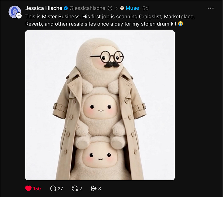 Two Threads posts: @hello_neight’s Cilantro, a green furry Muse with glasses, and Jessica Hische’s Mister Business, three fluffy creatures in a trench coat.