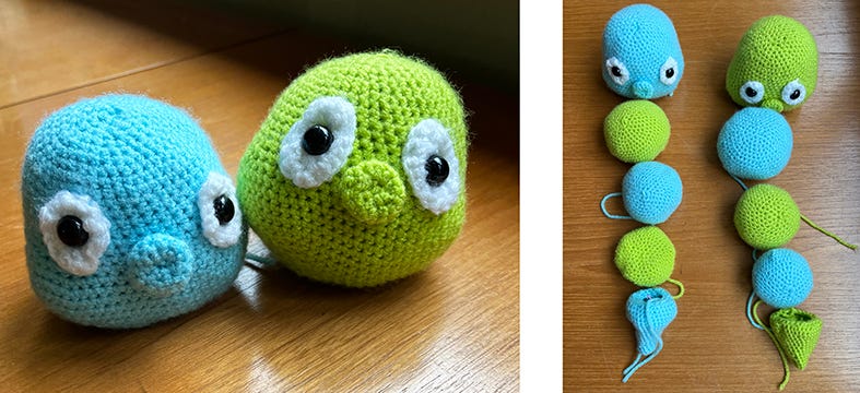 two photos: one of two crocheted worm heads, the other of all ten pieces of the two worms laid out