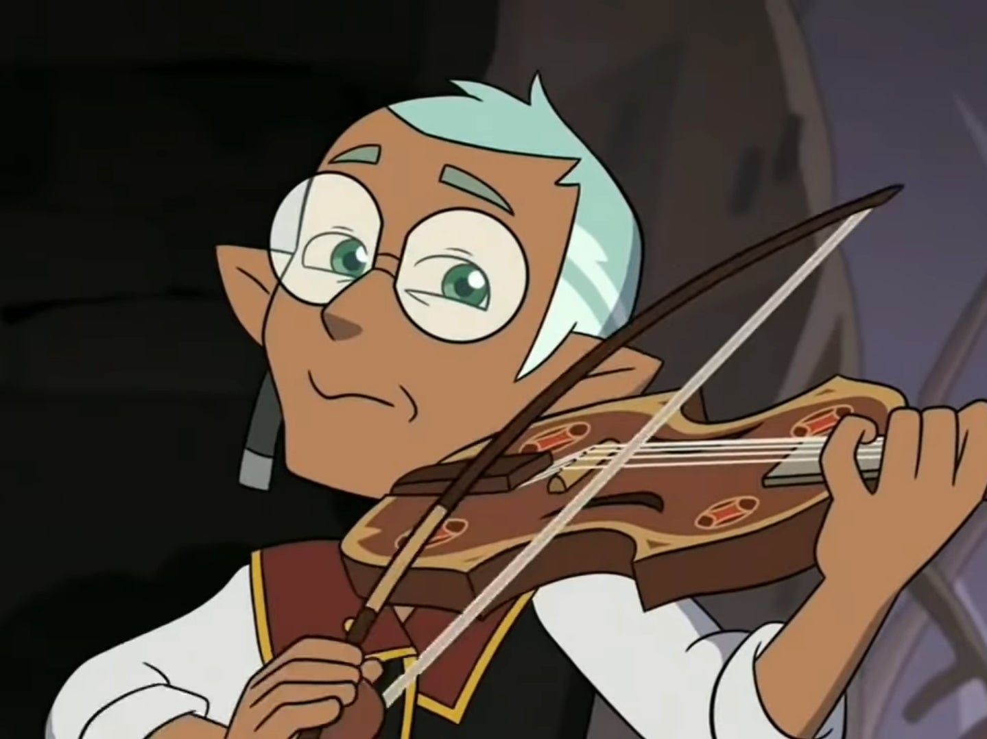 An animated image of a witch with pointed ears and short, white hair. They are playing the violin. 