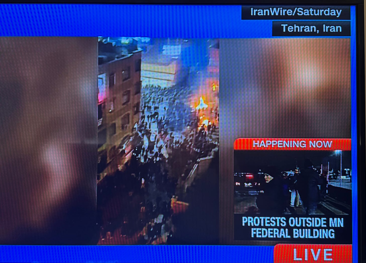 Screenshot of CNN feed with riots in Iran and protests in Minnesota