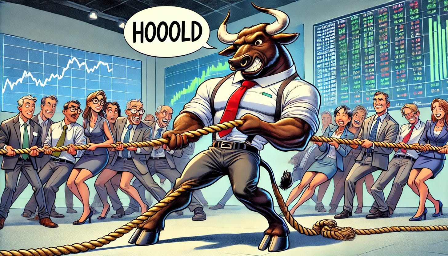 A cartoon-style illustration of a strong and confident bull on a stage, struggling while pulling a rope in a tug-of-war game with one hoof. The bull is muscular and wearing a business suit, with a determined yet strained expression on its face. Behind the bull, a group of diverse investors, both men and women, are also struggling to pull the rope, showing effort and determination. The bull is saying 'Hooold' in a speech bubble. The setting is a modern conference room with a large screen in the background displaying stock market charts and graphs. The overall mood is intense and motivational.