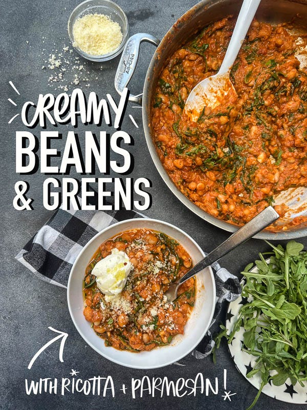 Creamy Beans & Greens is a cozy, budget-friendly vegetarian dinner made with white beans, garlic, and leafy greens in a simple creamy broth. Easy pantry ingredients and perfect for weeknights. From Shutterbean. Creamy Beans & Greens is a cozy, budget-friendly vegetarian dinner made with white beans, garlic, and leafy greens in a simple creamy broth. Easy pantry ingredients and perfect for weeknights. From Shutterbean.