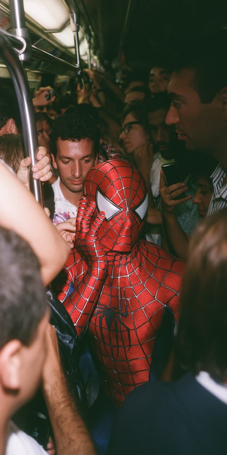 This may contain: a man in a spiderman suit on a bus with people around him and taking pictures