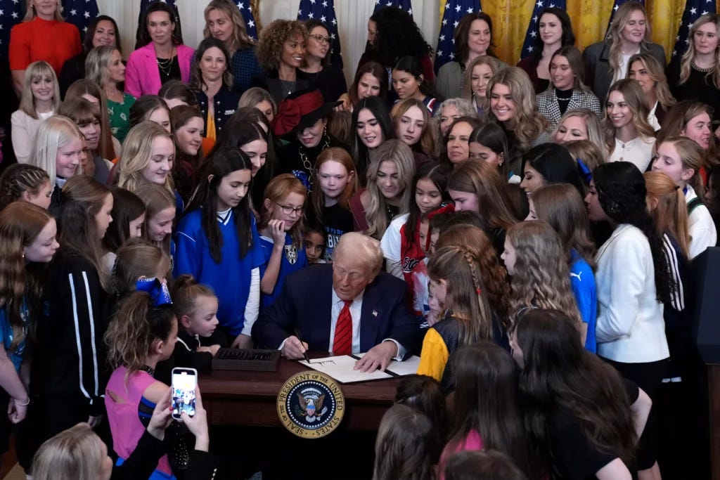 NCAA Returning to Sanity: Trump restores Title IX protections, banning men from women’s sports. Schools that refuse lose federal funding. 