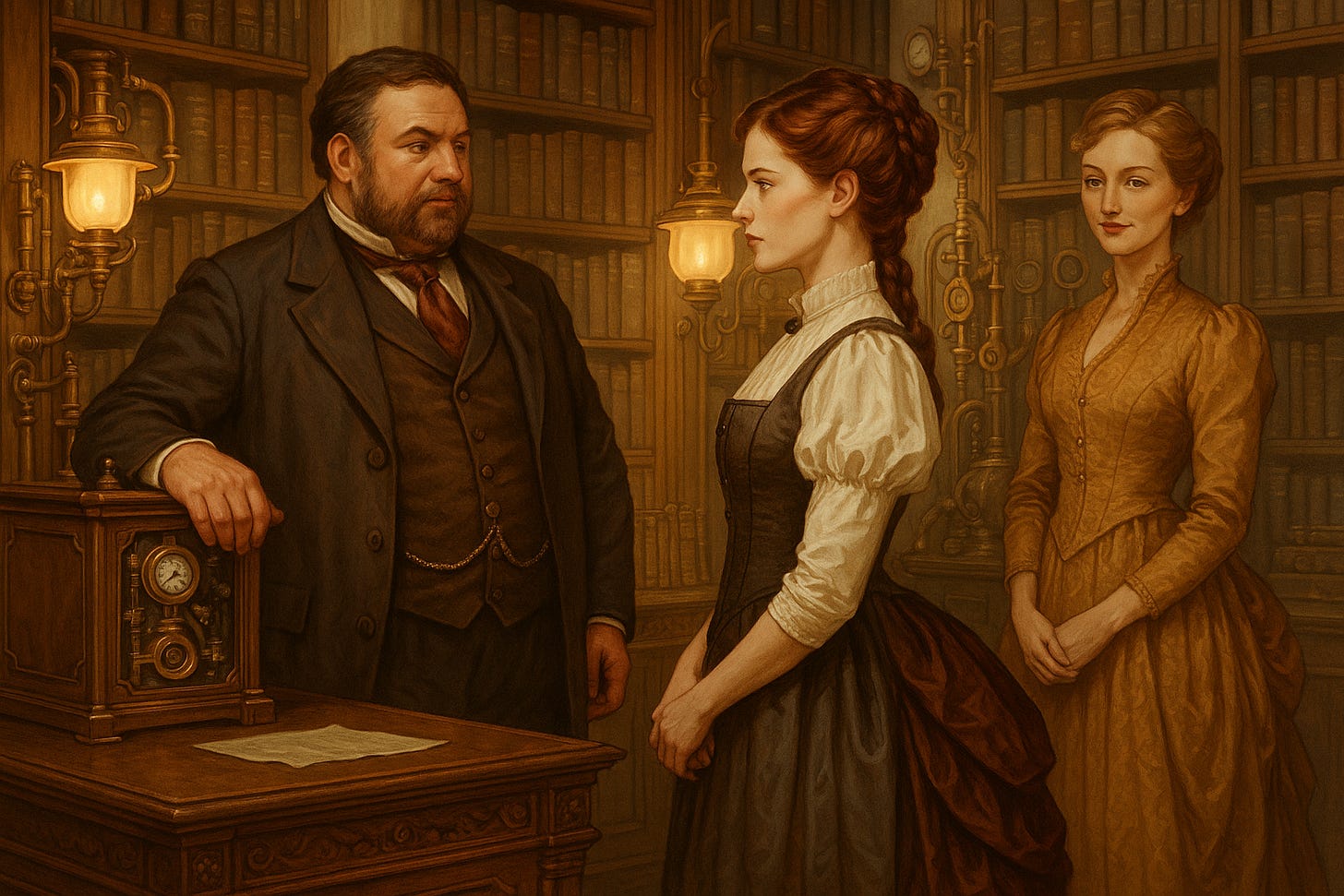 The Baron faces Berenice while her roommate Rolande stands behind her in the library