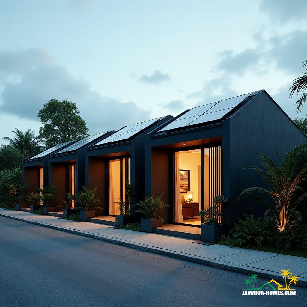 A row of four sleek, modern, minimalist one-story mini homes joined side by side on a Kingston residential street.