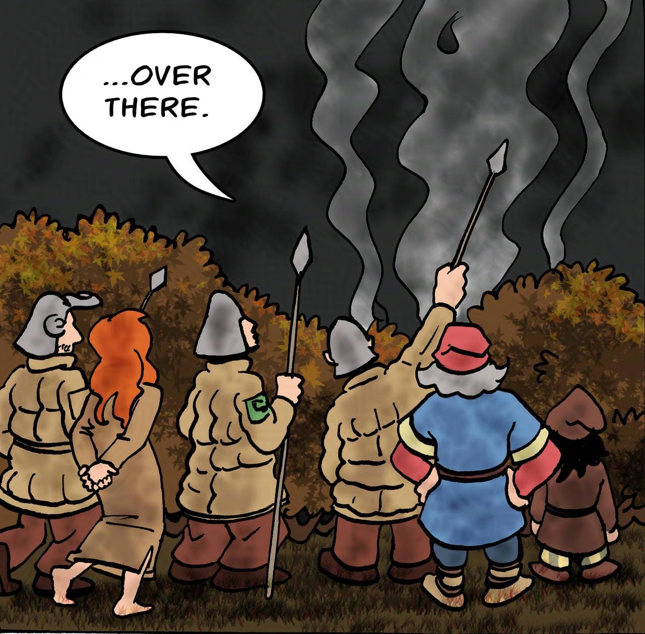Panel 3. The guard points at plumes of smoke in the distance. Guard: ...Over there.