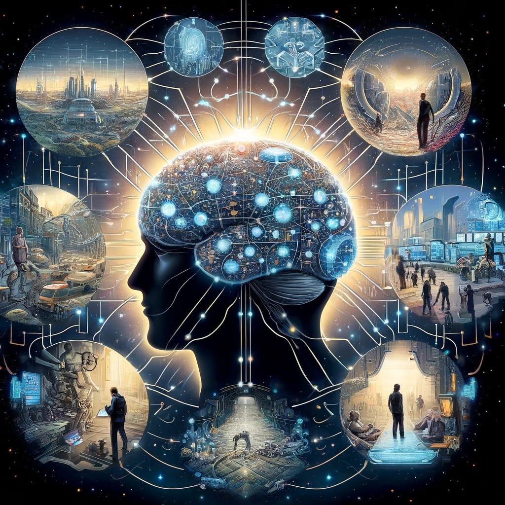 the image inspired by "Superintelligence: Paths, Dangers, Strategies" by Nick Bostrom. The illustration features a futuristic AI brain, represented as a complex network of circuits and light, surrounded by various hypothetical scenarios of AI interaction with humans. This visual captures the dual potential of AI to both benefit and endanger society, reflecting the critical themes discussed in the book.
