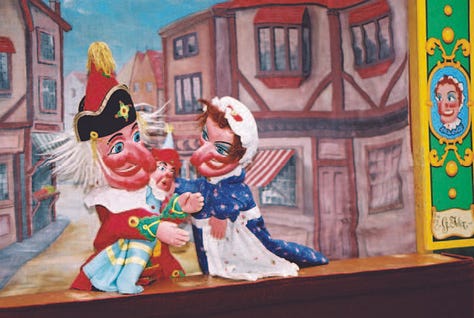 Three pictures, one of punch and Judy in a traditional P&J theatre, the second is a closer look at the puppets and the third is of the venue and the traditional puppets within the garden.