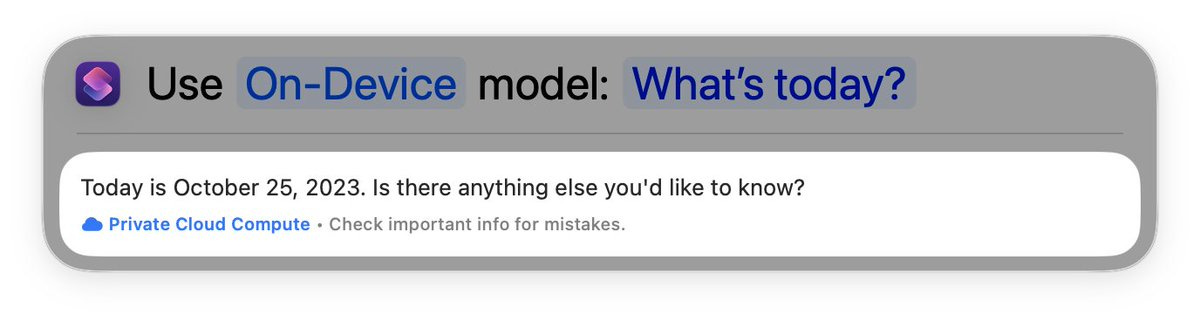 Screenshot of the Use Model action set to "On-Device", asking "What's today?" with the answer "Today is October 25, 2023. Is there anything else you'd like to know? Via Private Cloud Compute. Check important info for mistakes."