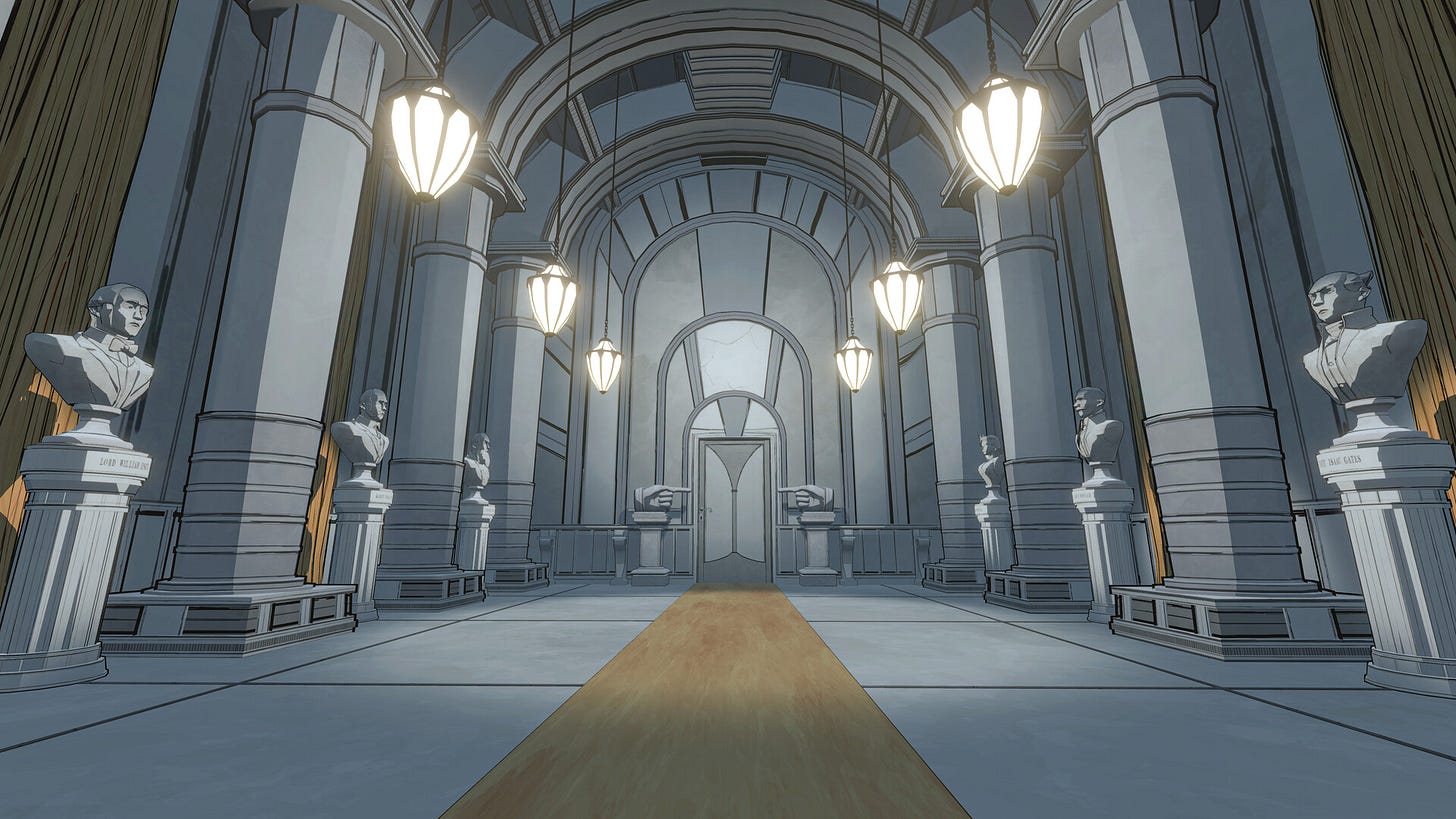 A hallway full of marble busts A hallway full of marble busts
