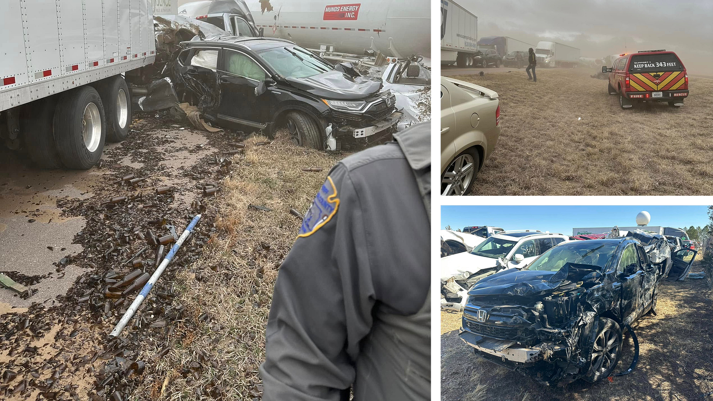 Left: A small black SUV with visible damage and airbags deployed rests among the wreckage of two semis, one of which is jackknifed, and two heavily damaged and barely visible pickup trucks. Top right: Dust obscures the view of the wreck from a short distance, with a red emergency SUV in the foreground. Bottom right: The heavily damaged small black SUV rests among other wrecked cars pulled from the scene to claim. The National Weather Service’s white radar dome rises in the background. Left: A small black SUV with visible damage and airbags deployed rests among the wreckage of two semis, one of which is jackknifed, and two heavily damaged and barely visible pickup trucks. Top right: Dust obscures the view of the wreck from a short distance, with a red emergency SUV in the foreground. Bottom right: The heavily damaged small black SUV rests among other wrecked cars pulled from the scene to claim. The National Weather Service’s white radar dome rises in the background.