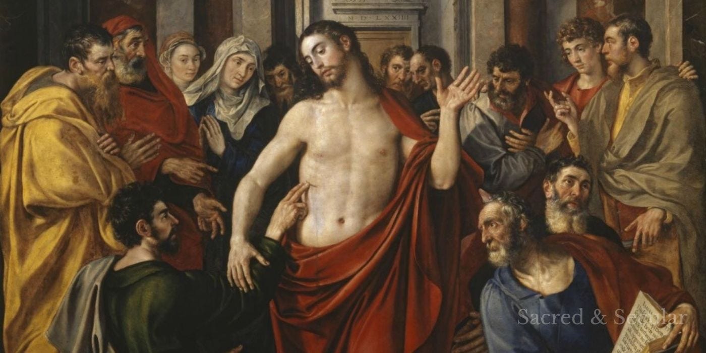 A classical painting of the apostle Thomas examining the wounds of the risen Jesus, symbolising doubt, faith, and recognition. A classical painting of the apostle Thomas examining the wounds of the risen Jesus, symbolising doubt, faith, and recognition.