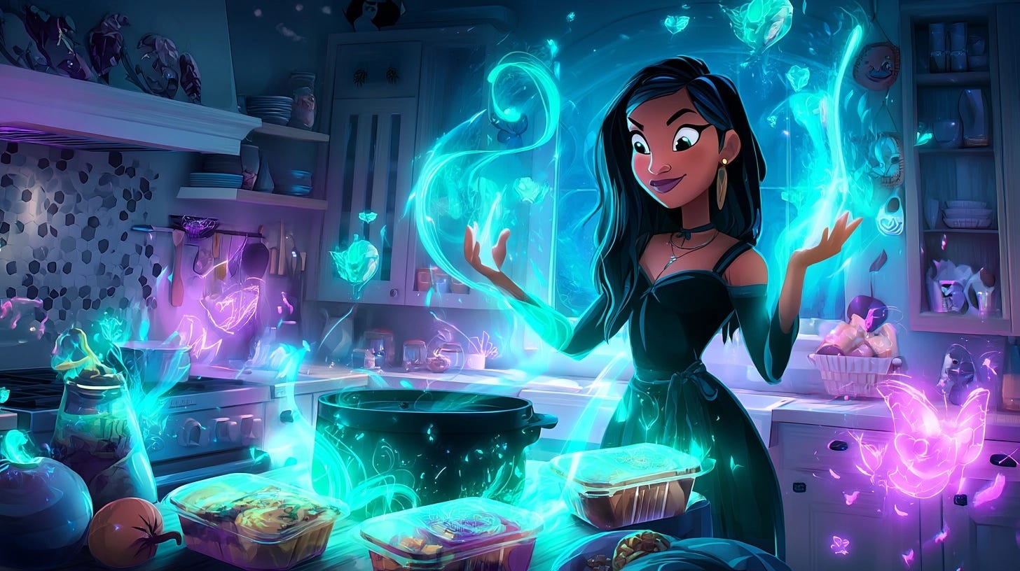 Modern kitchen witch blessing takeout food with glowing magical energy